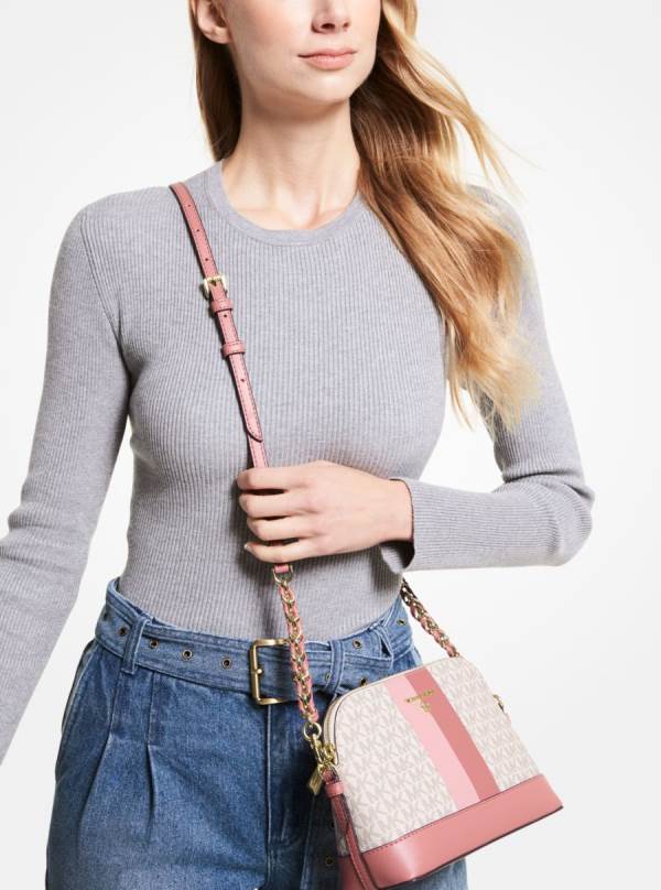 Damske Spojková Taška Michael Kors Large Logo Stripe Dome Biele Svetlo Červené - Kabelky Michael Kors Outlet | CVTRB-5302
